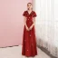 Best Red Velour Evening Dresses  2020 A-Line / Princess V-Neck Puffy Short Sleeve Beading Pearl Floor-Length / Long Formal Dresses