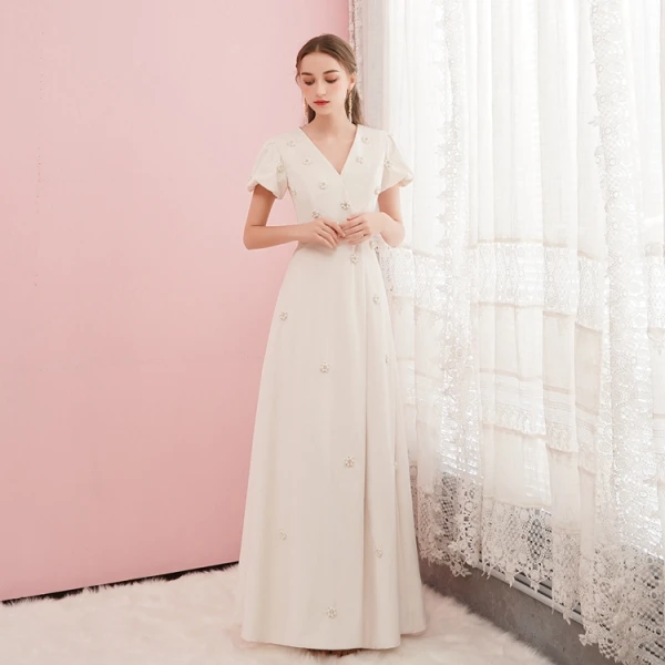 Best Red Velour Evening Dresses  2020 A-Line / Princess V-Neck Puffy Short Sleeve Beading Pearl Floor-Length / Long Formal Dresses