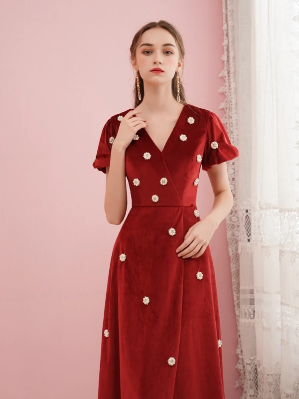 Best Red Velour Evening Dresses  2020 A-Line / Princess V-Neck Puffy Short Sleeve Beading Pearl Floor-Length / Long Formal Dresses