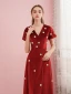 Best Red Velour Evening Dresses  2020 A-Line / Princess V-Neck Puffy Short Sleeve Beading Pearl Floor-Length / Long Formal Dresses