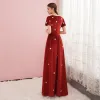 Bäst Röd Velour Aftonklänningar 2020 Prinsessa V-Hals Pösigt Korta ärm Beading Pärla Långa Formella Klänningar