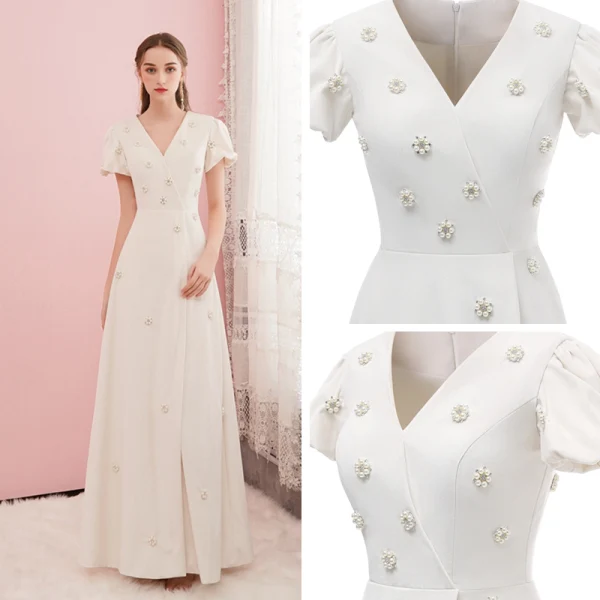 Best Red Velour Evening Dresses  2020 A-Line / Princess V-Neck Puffy Short Sleeve Beading Pearl Floor-Length / Long Formal Dresses