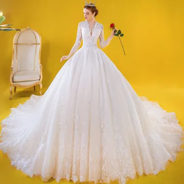 Luxury Gorgeous Ivory Wedding Dresses 2020 Ball Gown See Through Deep V Neck 3 4 Sleeve Appliques Lace Beading Cathedral Train Ruffle