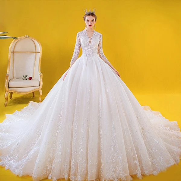 Luxury / Gorgeous Ivory Wedding Dresses 2020 Ball Gown See-through Deep V-Neck 3/4 Sleeve Appliques Lace Beading Cathedral Train Ruffle