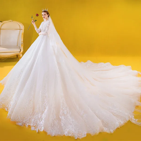 Luxury / Gorgeous Ivory Wedding Dresses 2020 Ball Gown See-through Deep V-Neck 3/4 Sleeve Appliques Lace Beading Cathedral Train Ruffle