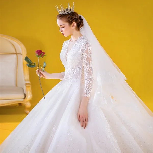 Luxury / Gorgeous Ivory Wedding Dresses 2020 Ball Gown See-through Deep V-Neck 3/4 Sleeve Appliques Lace Beading Cathedral Train Ruffle