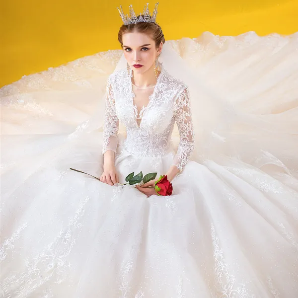 Luxury / Gorgeous Ivory Wedding Dresses 2020 Ball Gown See-through Deep V-Neck 3/4 Sleeve Appliques Lace Beading Cathedral Train Ruffle