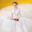 Luxury / Gorgeous Ivory Wedding Dresses 2020 Ball Gown See-through Deep V-Neck 3/4 Sleeve Appliques Lace Beading Cathedral Train Ruffle