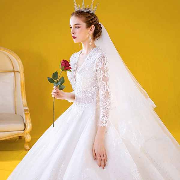 Luxury / Gorgeous Ivory Wedding Dresses 2020 Ball Gown See-through Deep V-Neck 3/4 Sleeve Appliques Lace Beading Cathedral Train Ruffle