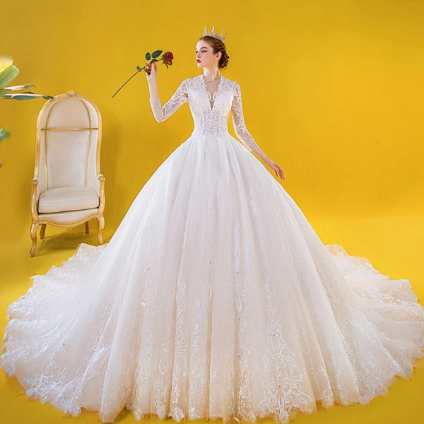Luxury / Gorgeous Ivory Wedding Dresses 2020 Ball Gown See-through Deep V-Neck 3/4 Sleeve Appliques Lace Beading Cathedral Train Ruffle