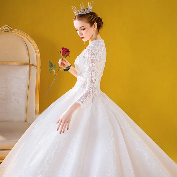 Luxury / Gorgeous Ivory Wedding Dresses 2020 Ball Gown See-through Deep V-Neck 3/4 Sleeve Appliques Lace Beading Cathedral Train Ruffle
