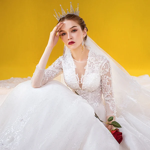 Luxury / Gorgeous Ivory Wedding Dresses 2020 Ball Gown See-through Deep V-Neck 3/4 Sleeve Appliques Lace Beading Cathedral Train Ruffle