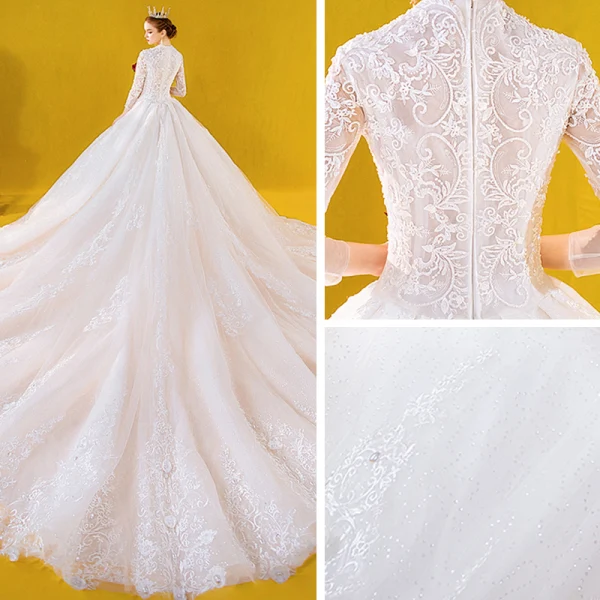 Luxury / Gorgeous Ivory Wedding Dresses 2020 Ball Gown See-through Deep V-Neck 3/4 Sleeve Appliques Lace Beading Cathedral Train Ruffle