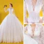 Luxury / Gorgeous Ivory Wedding Dresses 2020 Ball Gown See-through Deep V-Neck 3/4 Sleeve Appliques Lace Beading Cathedral Train Ruffle