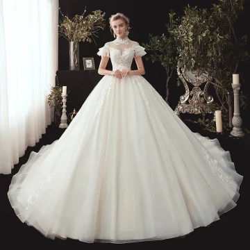 Vintage Retro Ivory See Through Wedding Dresses 2020 Ball Gown High Neck Short Sleeve Backless Appliques Lace Beading Chapel Train Ruffle