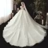 Vintage / Retro Ivory See-through Wedding Dresses 2020 Ball Gown High Neck Short Sleeve Backless Appliques Lace Beading Chapel Train Ruffle