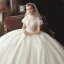 Vintage / Retro Ivory See-through Wedding Dresses 2020 Ball Gown High Neck Short Sleeve Backless Appliques Lace Beading Chapel Train Ruffle