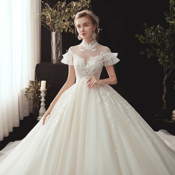 Vintage / Retro Ivory See-through Wedding Dresses 2020 Ball Gown High Neck Short Sleeve Backless Appliques Lace Beading Chapel Train Ruffle