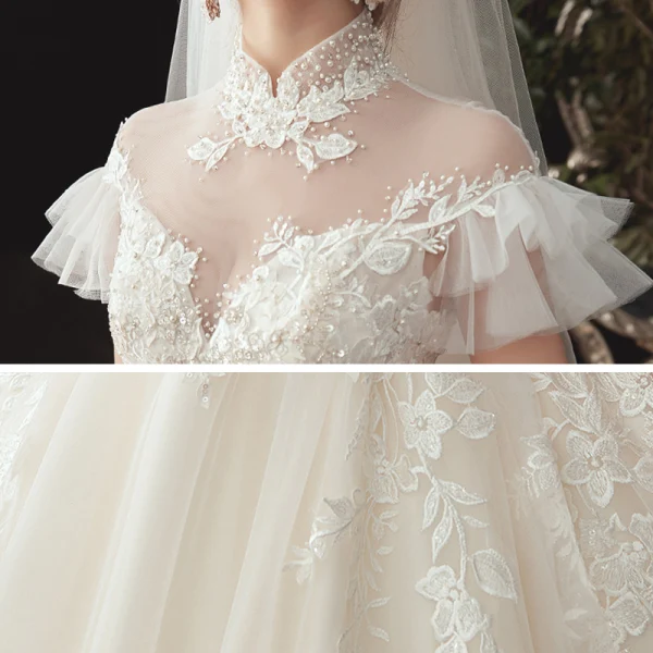 Vintage / Retro Ivory See-through Wedding Dresses 2020 Ball Gown High Neck Short Sleeve Backless Appliques Lace Beading Chapel Train Ruffle
