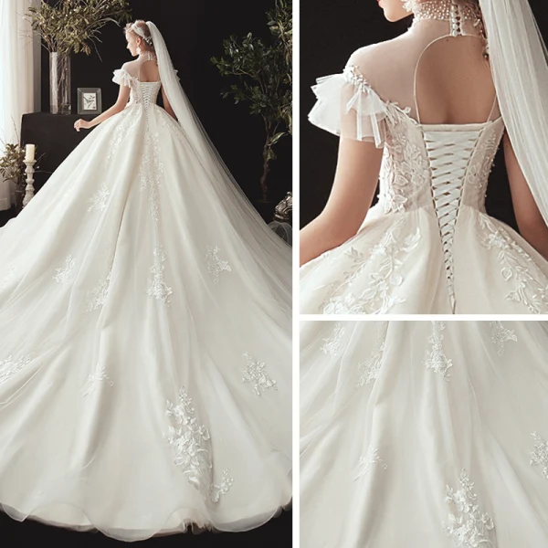 Vintage / Retro Ivory See-through Wedding Dresses 2020 Ball Gown High Neck Short Sleeve Backless Appliques Lace Beading Chapel Train Ruffle