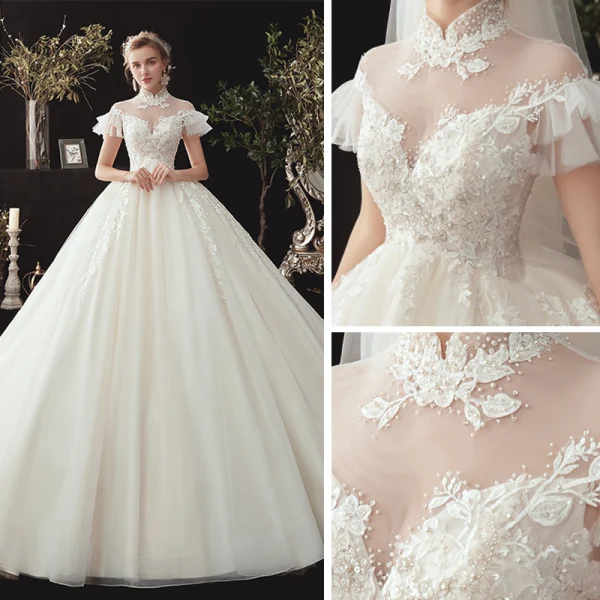 Vintage / Retro Ivory See-through Wedding Dresses 2020 Ball Gown High Neck Short Sleeve Backless Appliques Lace Beading Chapel Train Ruffle