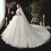 Romantic Ivory See-through Wedding Dresses 2020 Ball Gown Scoop Neck 1/2 Sleeves Backless Glitter Tulle Star Appliques Lace Chapel Train Ruffle