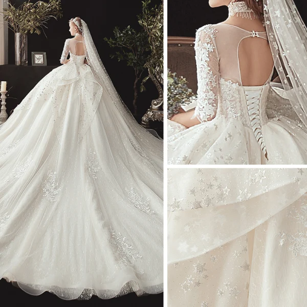 Romantique Ivoire Transparentes Robe De Mariée 2020 Robe Boule Encolure Dégagée 1/2 Manches Dos Nu Glitter Tulle Étoile Appliques En Dentelle Chapel Train Volants