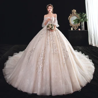 Élégant Champagne Robe De Mariée 2020 Robe Boule De L 039 Épaule Gonflée Manches Courtes Dos Nu Appliques En Dentelle Perlage Cathedral Train Volants