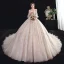 Eleganta Champagne Bröllopsklänningar 2020 Balklänning Av Axeln Pösigt Korta ärm Halterneck Appliqués Spets Beading Cathedral Train Ruffle