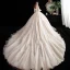 Eleganta Champagne Bröllopsklänningar 2020 Balklänning Av Axeln Pösigt Korta ärm Halterneck Appliqués Spets Beading Cathedral Train Ruffle