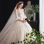 Eleganta Champagne Bröllopsklänningar 2020 Balklänning Av Axeln Pösigt Korta ärm Halterneck Appliqués Spets Beading Cathedral Train Ruffle