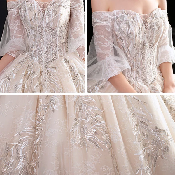 Eleganta Champagne Bröllopsklänningar 2020 Balklänning Av Axeln Pösigt Korta ärm Halterneck Appliqués Spets Beading Cathedral Train Ruffle