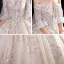 Eleganta Champagne Bröllopsklänningar 2020 Balklänning Av Axeln Pösigt Korta ärm Halterneck Appliqués Spets Beading Cathedral Train Ruffle