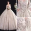 Eleganta Champagne Bröllopsklänningar 2020 Balklänning Av Axeln Pösigt Korta ärm Halterneck Appliqués Spets Beading Cathedral Train Ruffle