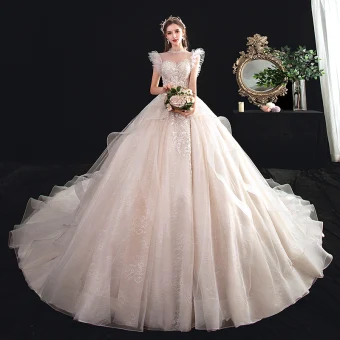 Chic Belle Transparentes Champagne Robe De Mariée 2020 Robe Boule Col Haut Sans Manches Dos Nu Appliques En Dentelle Perlage Cathedral Train Volants