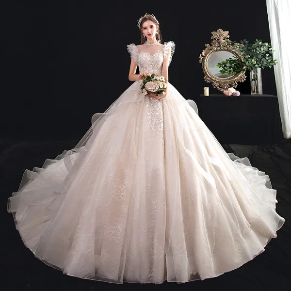 Chic / Beautiful See-through Champagne Wedding Dresses 2020 Ball Gown High Neck Sleeveless Backless Appliques Lace Beading Cathedral Train Ruffle