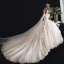 Chic / Belle Transparentes Champagne Robe De Mariée 2020 Robe Boule Col Haut Sans Manches Dos Nu Appliques En Dentelle Perlage Cathedral Train Volants