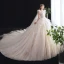 Chic / Belle Transparentes Champagne Robe De Mariée 2020 Robe Boule Col Haut Sans Manches Dos Nu Appliques En Dentelle Perlage Cathedral Train Volants