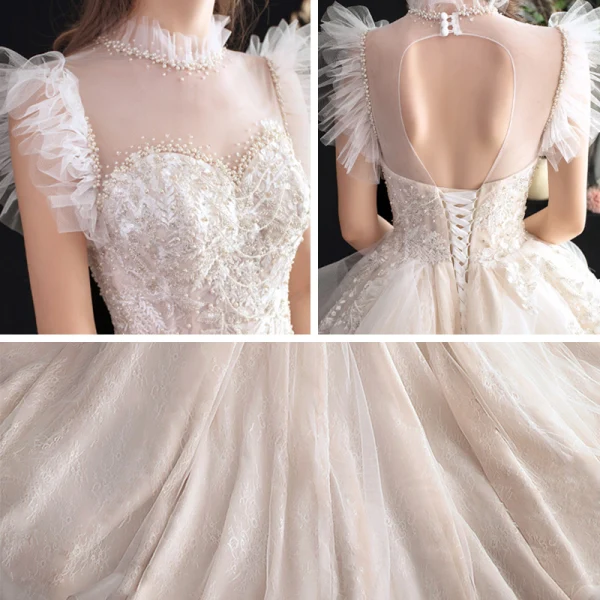 Chic / Belle Transparentes Champagne Robe De Mariée 2020 Robe Boule Col Haut Sans Manches Dos Nu Appliques En Dentelle Perlage Cathedral Train Volants
