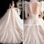Chic / Belle Transparentes Champagne Robe De Mariée 2020 Robe Boule Col Haut Sans Manches Dos Nu Appliques En Dentelle Perlage Cathedral Train Volants