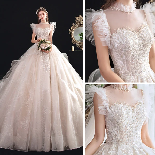 Chic / Belle Transparentes Champagne Robe De Mariée 2020 Robe Boule Col Haut Sans Manches Dos Nu Appliques En Dentelle Perlage Cathedral Train Volants