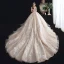 Schöne Champagner Durchsichtige Brautkleider / Hochzeitskleider 2020 Ballkleid Off Shoulder Kurze Ärmel Rückenfreies Perlenstickerei Quaste Applikationen Spitze Kathedrale Schleppe Rüschen