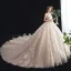 Schöne Champagner Durchsichtige Brautkleider / Hochzeitskleider 2020 Ballkleid Off Shoulder Kurze Ärmel Rückenfreies Perlenstickerei Quaste Applikationen Spitze Kathedrale Schleppe Rüschen