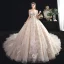 Schöne Champagner Durchsichtige Brautkleider / Hochzeitskleider 2020 Ballkleid Off Shoulder Kurze Ärmel Rückenfreies Perlenstickerei Quaste Applikationen Spitze Kathedrale Schleppe Rüschen