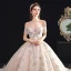 Schöne Champagner Durchsichtige Brautkleider / Hochzeitskleider 2020 Ballkleid Off Shoulder Kurze Ärmel Rückenfreies Perlenstickerei Quaste Applikationen Spitze Kathedrale Schleppe Rüschen