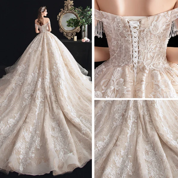 Schöne Champagner Durchsichtige Brautkleider / Hochzeitskleider 2020 Ballkleid Off Shoulder Kurze Ärmel Rückenfreies Perlenstickerei Quaste Applikationen Spitze Kathedrale Schleppe Rüschen