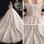 Schöne Champagner Durchsichtige Brautkleider / Hochzeitskleider 2020 Ballkleid Off Shoulder Kurze Ärmel Rückenfreies Perlenstickerei Quaste Applikationen Spitze Kathedrale Schleppe Rüschen
