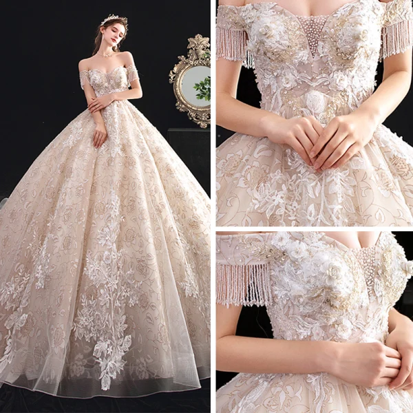Schöne Champagner Durchsichtige Brautkleider / Hochzeitskleider 2020 Ballkleid Off Shoulder Kurze Ärmel Rückenfreies Perlenstickerei Quaste Applikationen Spitze Kathedrale Schleppe Rüschen