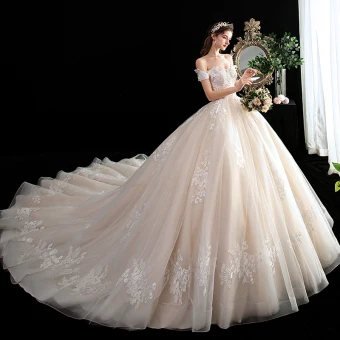 Chic Beautiful Champagne Wedding Dresses 2020 Ball Gown Off The Shoulder Short Sleeve Backless Appliques Lace Beading Cathedral Train Ruffle