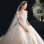 Chic / Belle Champagne Robe De Mariée 2020 Robe Boule De l'épaule Manches Courtes Dos Nu Appliques En Dentelle Perlage Cathedral Train Volants